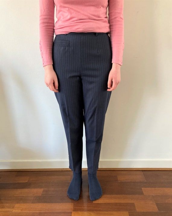 Vintage ESCADA Pants // Vintage Tapered Trousers by Margaretha Ley // Dark  Blue Striped Wool Pants 