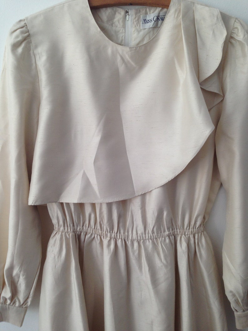 Vintage Silky Miss Onward Dress 80s Off white Size Small Silky Coral Textured Ruffle dress