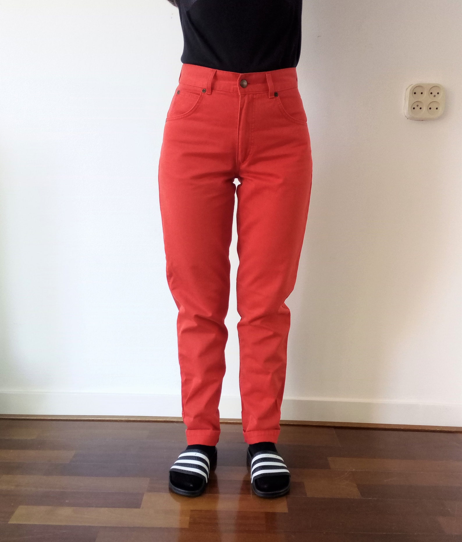 red cotton pants