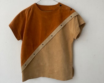 haut bicolore en cuir vintage // Daim / taille supérieure en cuir petite // T-shirt en cuir vintage