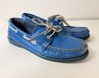 Vintage Nautical Boat Shoes // Lovely Blue Sailor Shoes, Rocksize Moccasins // Blue Lace Up Shoes, Loafer Sneakers