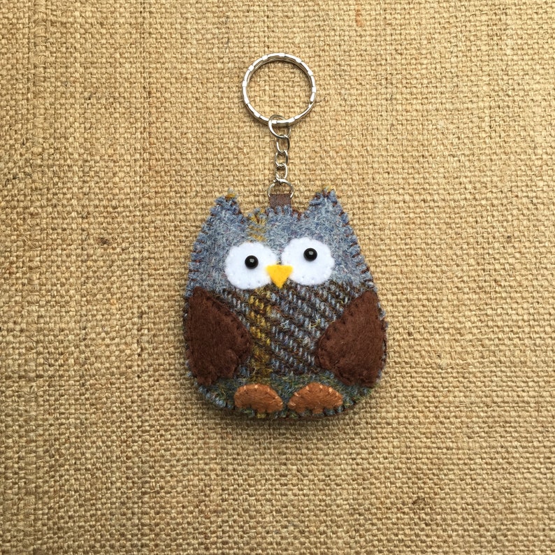 May include: A brown, blue, and yellow owl keychain made of felt. The owl has large, white eyes and a yellow beak. The keychain is attached to a silver key ring.