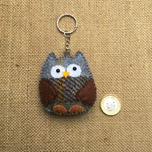 May include: A blue and brown felt owl keychain with yellow eyes and a brown beak. The owl is hanging from a silver key ring.