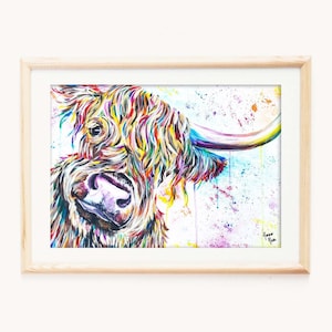 Colourful Highland Cow Art Print, Rainbow Farm Animal Painting Design, A5 A4 A3 Poster