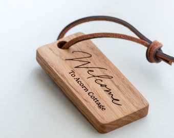 Personalised Oak Fob Wooden Label Engraved Gift Tag Leather Strap