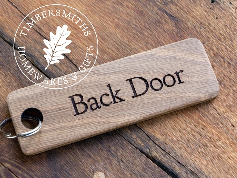 Engraved Wooden Personalised Keyring Personalized Keychain, made from chunky Solid Oak Available in 5 sizes image 10