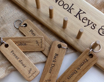 Oak Key Rack - Personalised Key Hook For Wall - Choice of Wooden Pegs or Cast Iron Hooks - Perfect Personalised Wooden Gift For New Home