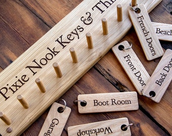 Wooden Key Ring Holder,  Personalised Oak Rustic Key Rack Wedding Gift For New Home