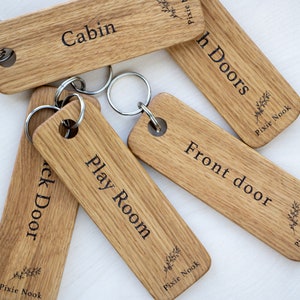 Personalised Oak Keyring, Large Wooden Keychain Custom Engraved, New Home Wooden Gift Keyring, Engrave with any Gift Message