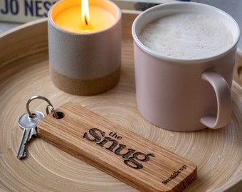 Large Keyring Engraved Oak Keychain, Personalised Key Fob Wooden Gift
