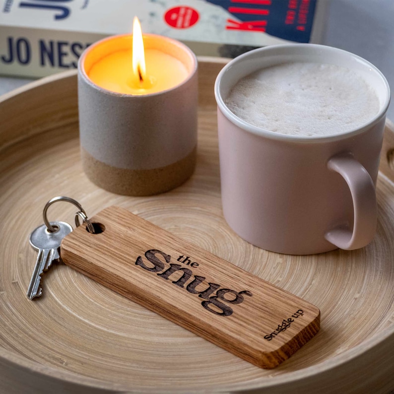 Wooden Keyring Engraved With Personalised Message Text Big Oak Wood Keychain Available in 5 Sizes Oak Keyring Gift image 1