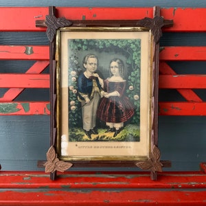 Currier & Ives Little Brother and Sister Lithograph in Adirondack Style Frame