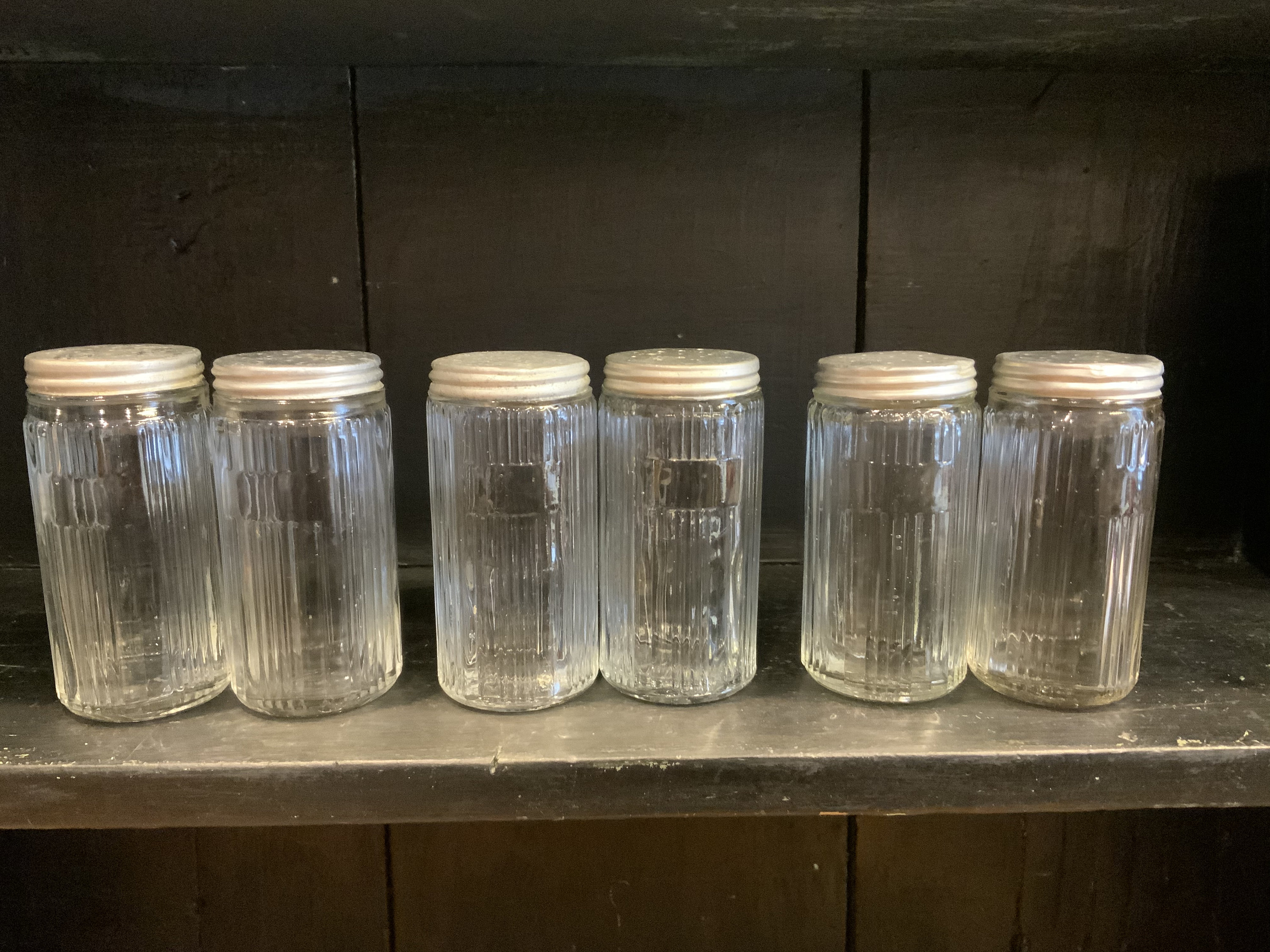 1930s Pair of Clear Glass Condiment Jars Canisters With Covers 