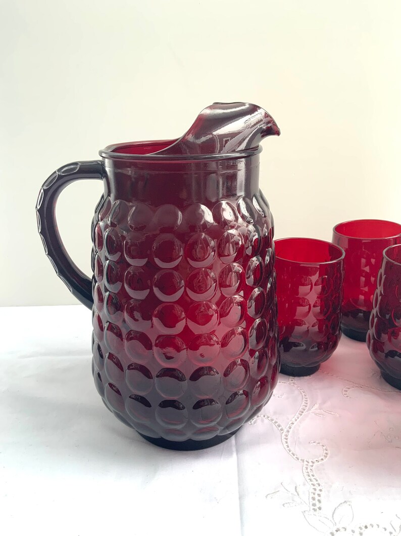 Anchor Hocking Ruby Red Bubble Glass Pitcher & Tumbler Set Etsy