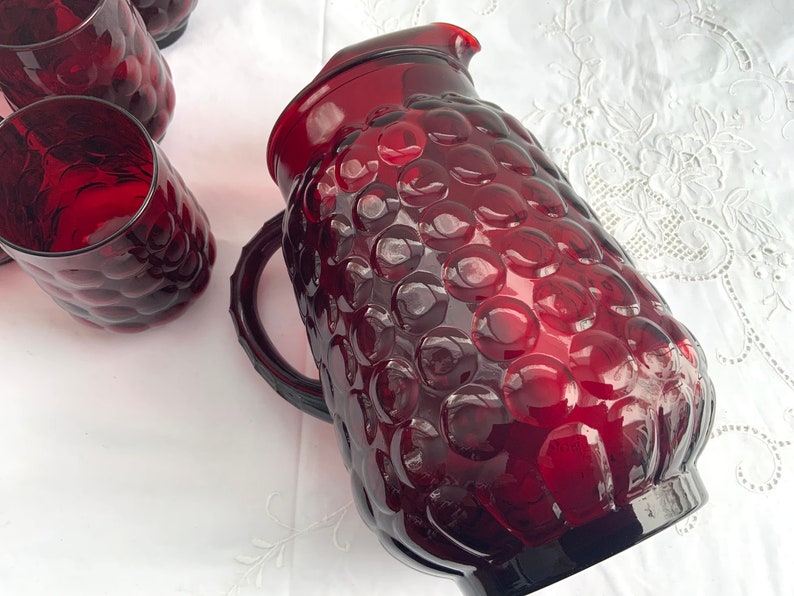 Anchor Hocking Ruby Red Bubble Glass Pitcher & Tumbler Set Etsy