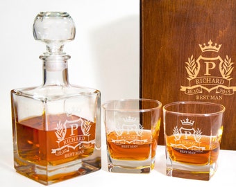Fathers day Gift Engraved Whiskey Decanter and Glasses Wooden Gift Box Best Man Gift Personalized Whiskey Decanter Set Whiskey Glass in Box