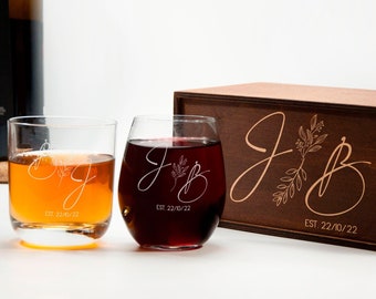 Gift for couples husband and wife glasses - His and Hers gifts wine and whiskey glasses - Mr and Mrs glasses