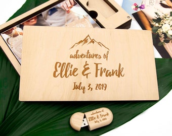 Personalized wooden photo box, adventure gift for couple, engraved print box wedding gift