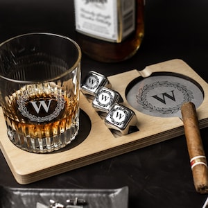 Personalized whiskey glass and cigar tray, Fathers day gift, Custom cigar ashtray, gift for dad