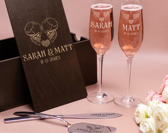 Personalized wedding set, gothic wedding flutes and cake server set, personalized wedding gift, halloween wedding champagne glasses