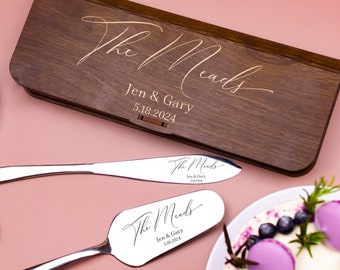 Personalized Cake Server Set and Wooden Gift Box - Engraved Cake Knife & Server - Wedding Cake Knife Set - Wedding Gift for Couple