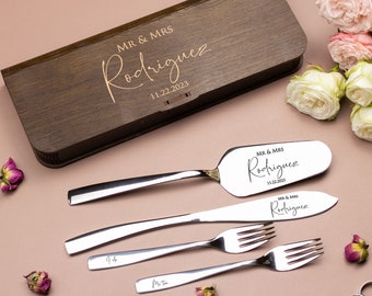 Personalized Cake Cutting Set with Cake Forks, Wedding Cake Server Set and forks, Engraved Cake Knife & Server with forks Set