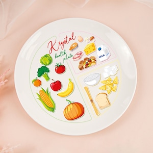 May include: A white ceramic plate with a colorful illustration of a healthy plate. The plate is divided into sections with different food groups, including fruits, vegetables, grains, protein, and dairy. The plate is labeled "Krystal health plate".