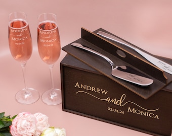 Personalized wedding set, his and her wedding flutes and cake server set, personalized cake knife, wedding champagne glasses