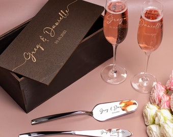 Wedding champagne flutes and cake server set, Wedding flutes and cake server sets, Wedding knive set, Wedding glasses