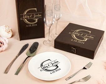 Juego de regalo de boda personalizado, Copas de champán para boda, Juego de servidores para tarta de boda, Tenedores para tarta de boda, Plato para tarta de boda