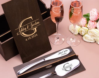 Personalized wedding set, his and her wedding flutes and cake server set, personalized wedding gift, wedding champagne glasses