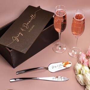 Wedding champagne flutes and cake server set, Wedding flutes and cake server sets, Wedding knive set, Wedding glasses