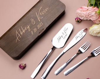 Wedding Cake Server Set and forks, Engraved Cake Knife & Server with forks Set, Personalized Cake Cutting Set with Cake Forks