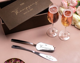 Personalized wedding set - His and Her wedding flutes and cake server set - Personalized cake knife - Wedding champagne glasses