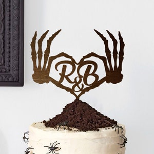 Halloween Wedding Cake Topper Skull Cake Topper Personalized Wood Cake Topper Skeleton Wedding Cake Topper Goth Cake Topper Halloween Cake