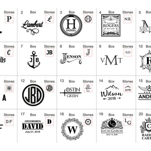 May include: Twenty black and white engraved wooden boxes with different names and initials. Each box has a small compartment for stones. The boxes are arranged in a grid pattern.