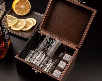 Personalized Whiskey Glass Set with Whiskey Stones, Leather Coaster, Wooden Box - Custom Whiskey Gift For Dad, Best Man Gift, Groomsmen Gift