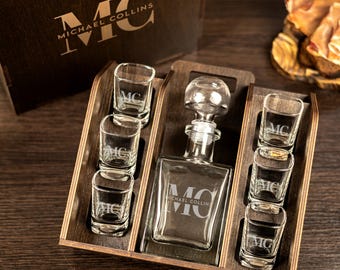 Personalized Decanter and Vodka Glass Set: Engraved Vodka Shot Glasses, Vodka Decanter, Wooden Gift Box