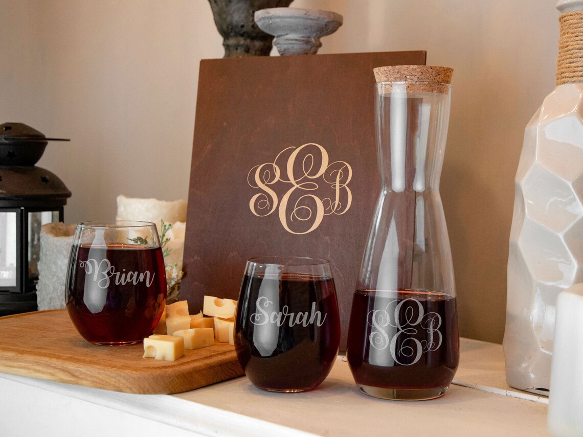 Engraved Stemless Wine Glass Set W/ Glass Decanter