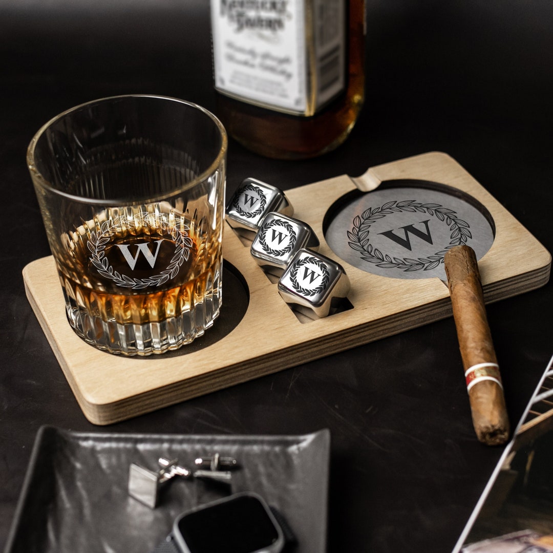 Personalized Whiskey Glass and Cigar Tray, Fathers Day Gift, Custom