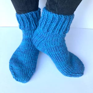 Chunky knitted slipper socks in cerulean blue wool free yarn, size 5 UK