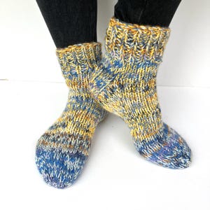 Wool slipper socks made with yellow, blue, grey and cream yarn, size 5 UK