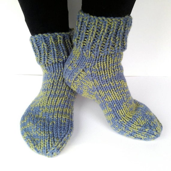 Chunky Knitted Slipper Socks in Denim Blue and Meadow Green Wool