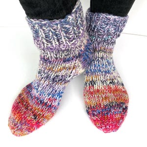 Wool slipper socks made with red, grey, blue, purple, orange, beige and cream yarn, size 6 UK