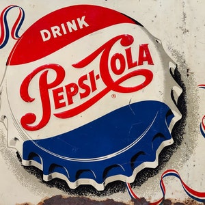 Original 1950s Pepsi Cola DRINK PEPSI COLA Single Dot With Red White and Blue Ribbon Tin Litho Sign