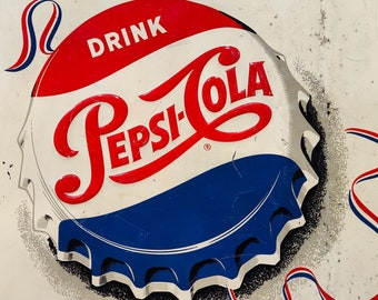 Original 1950s Pepsi Cola DRINK PEPSI COLA Single Dot With Red White and Blue Ribbon Tin Litho Sign