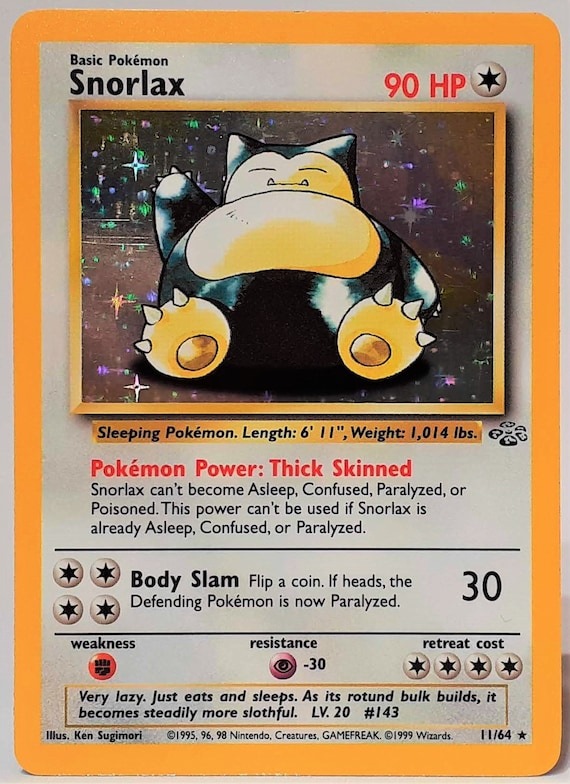 Original 1999 POKEMON Jungle Snorlax 11/64 Holo Unlimited Game Card Pokemon  TCG Game Card NM-M