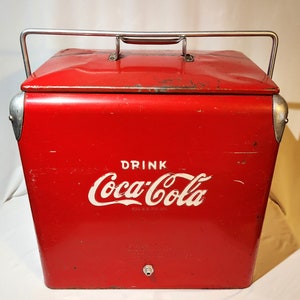Original 1950s Coca Cola Cooler Action Manufacturing With Ice Tray Bottle Opener and Rare Front Drain Plug
