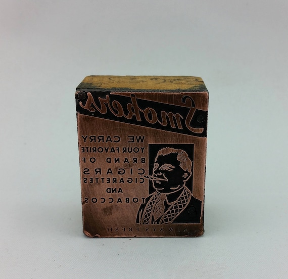 Vintage 1930s Art Deco Cigars Cigarettes Tobacco Copper Advertising Printers  Printing Cut Block Copper and Wood