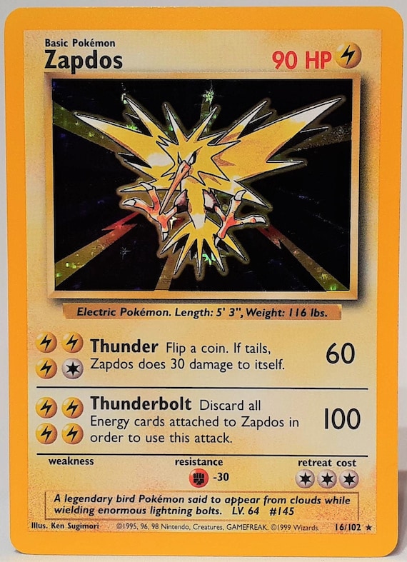 Original 1999 POKEMON Base Set Zapdos 16/102 Holo Unlimited Game